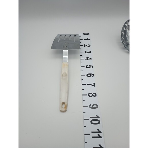 Vtg Stainless Steel Kitchen Utensils Short Spatula Slotted Spoon Blue Gold Crown - Picture 5 of 13